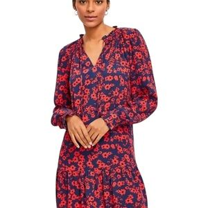LOFT Floral Neck Tie Flounce Dress Blue Red Size Medium Romantic MSRP $89.95